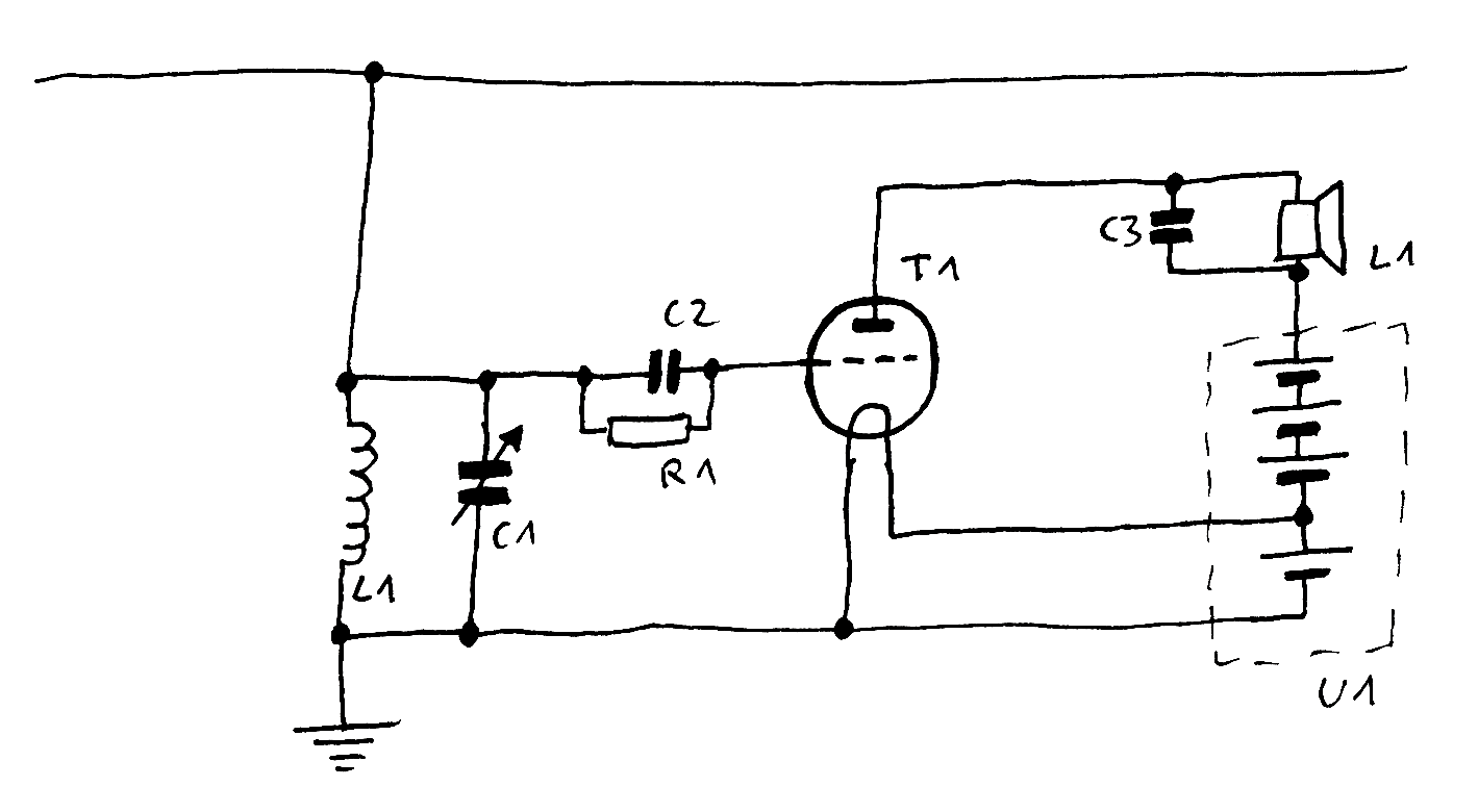 ein Stromlaufplan mit Spule, Drehkondensator, zwei Kondensatoren, einem Widerstand, dem Lautsprecher und der Ultra-Batterie